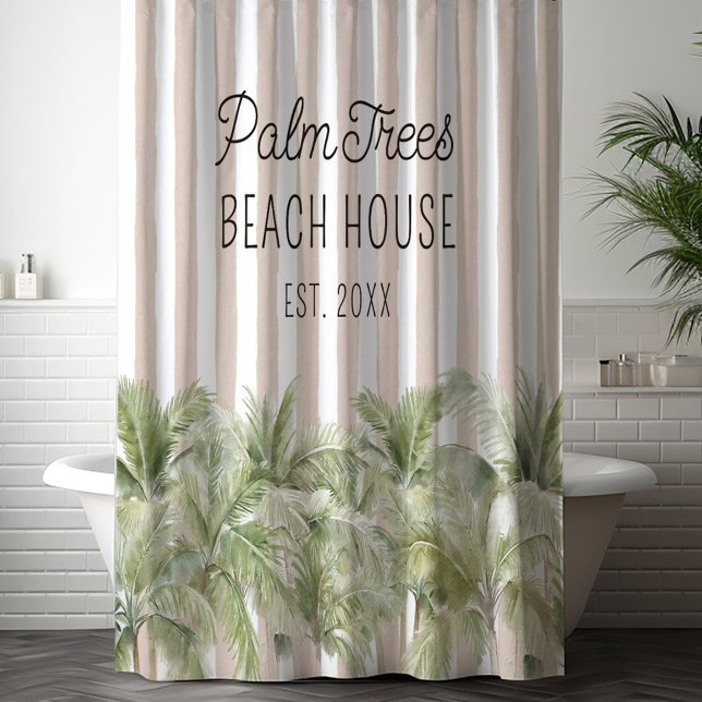 Tropical Palm Trees Beige Stripes Beach House Shower Curtain (In situ)