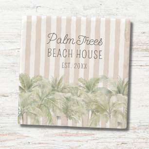 Tropical Palm Trees Beige Stripes Beach House Stone Coaster