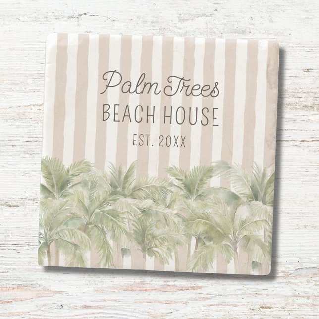 Tropical Palm Trees Beige Stripes Beach House Stone Coaster (In situ)