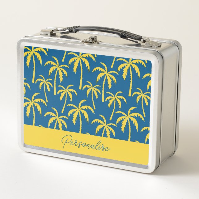 Tropical Palm Trees Blue Yellow Personalised Metal Lunch Box (Front)
