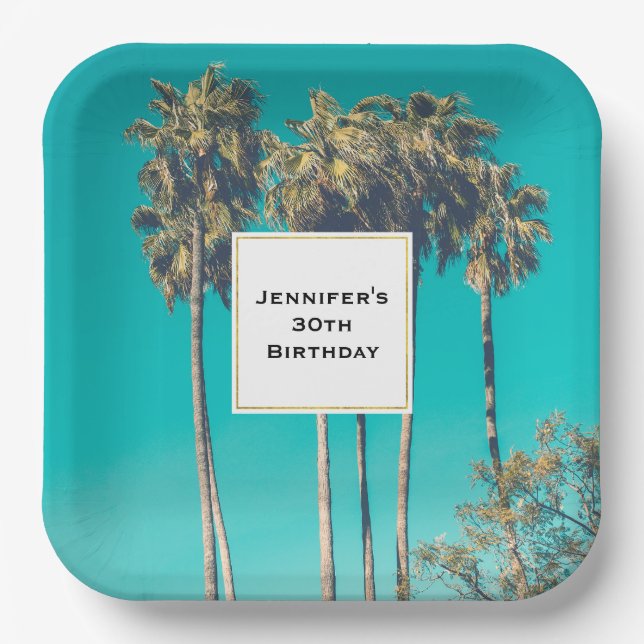 Tropical Palm Trees California Retro Birthday Paper Plate (Front)