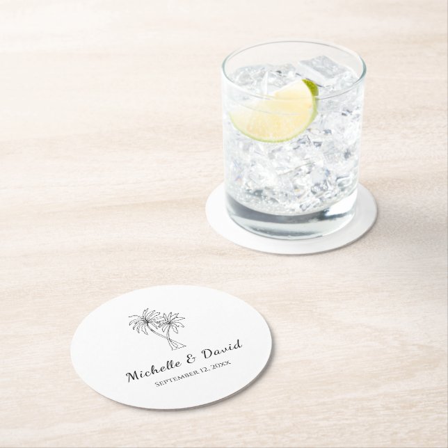 Tropical Palm Trees Destination Wedding Reception Round Paper Coaster (Insitu)