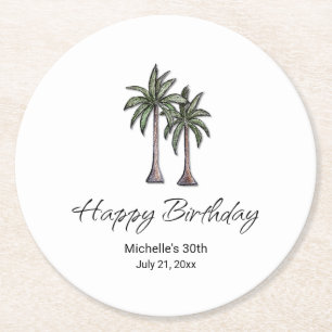 Tropical Palm Trees Elegant 30th Birthday Party Round Paper Coaster
