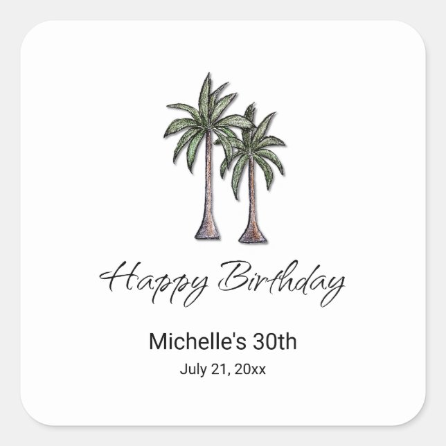 Tropical Palm Trees Elegant 30th Birthday Party Square Sticker (Front)