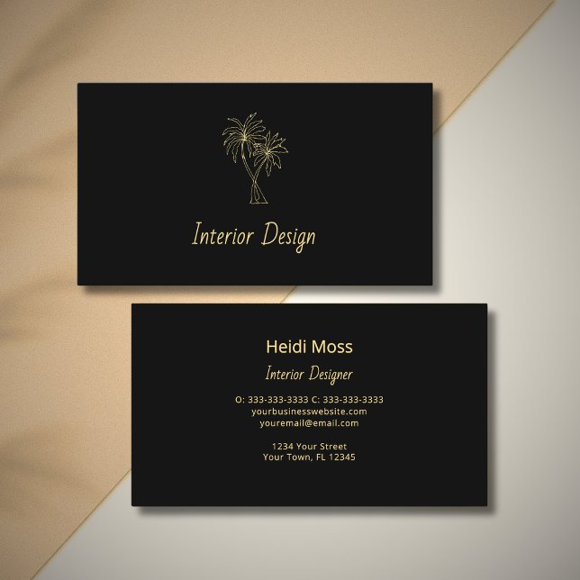 Tropical Palm Trees Elegant Modern Black Gold Business Card (Creator Uploaded)