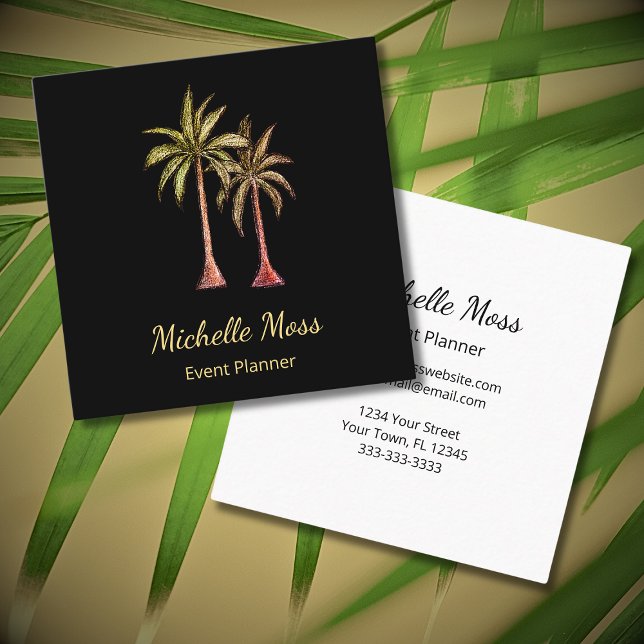 Tropical Palm Trees Elegant Professional Black Square Business Card (Creator Uploaded)