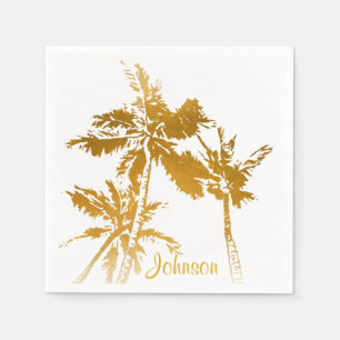 Tropical Palm Trees Faux Gold Script Add Name Napkin