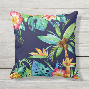 Tropical Palm Trees & Floral Watercolor Navy Blue Cushion