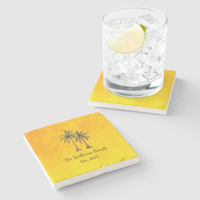 Tropical Palm Trees Gold Beach Family Personalised Stone Coaster (Side)