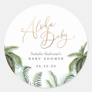 Tropical Palm Trees Gold Script Aloha Baby Shower Classic Round Sticker