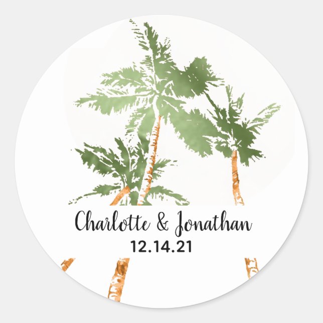 Tropical Palm Trees Hand Lettered Wedding Classic Round Sticker (Front)