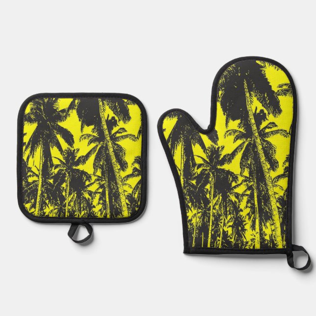 Tropical Palm Trees in Black and Yellow on an Oven Mitt & Pot Holder Set (Front)
