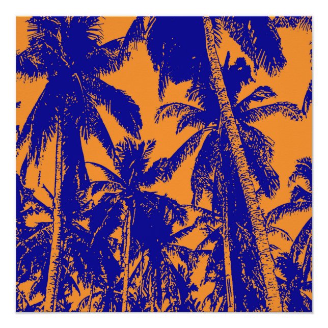 Tropical Palm Trees in Blue and Orange Poster (Front)