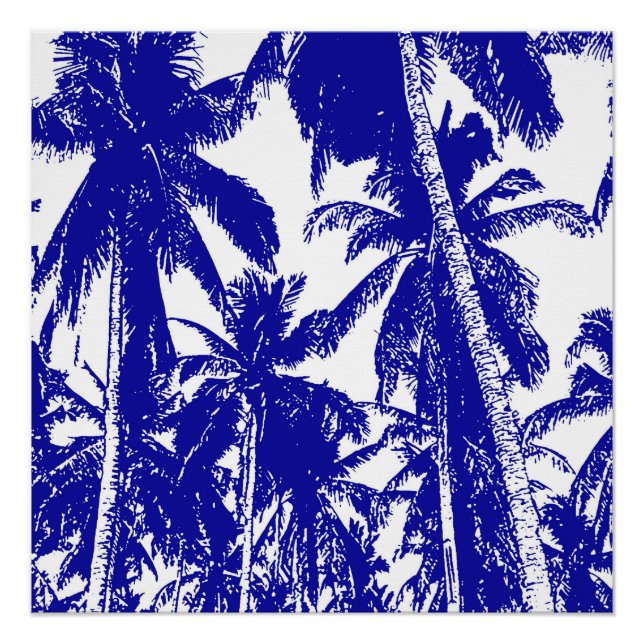 Tropical Palm Trees in Blue and White Poster (Front)