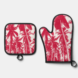 Tropical Palm Trees in Red and White on an Oven Mitt & Pot Holder Set