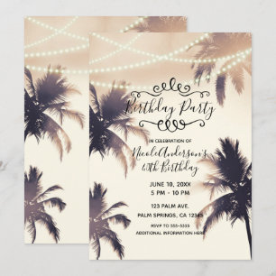 Tropical Palm Trees & Lights Cream Birthday Party Invitation