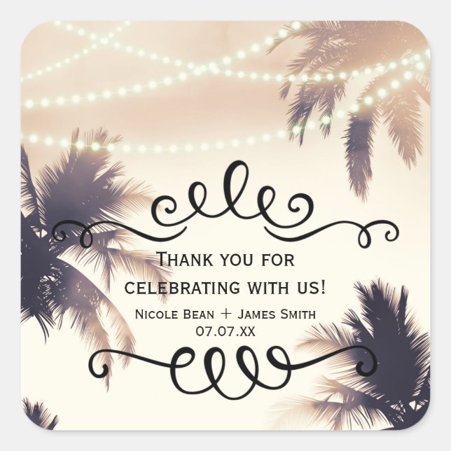 Tropical Palm Trees & Lights Cream Dream Favour Square Sticker (Front)