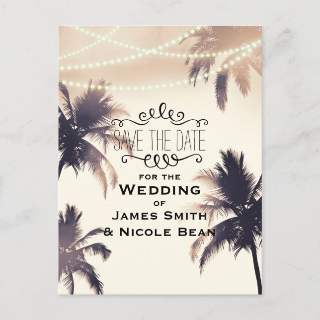 Tropical Palm Trees & Lights Cream Dream Save Date Announcement Postcard (Front)