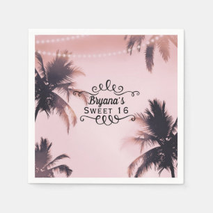 Tropical Palm Trees & Lights Pink Beachy Beach Napkin