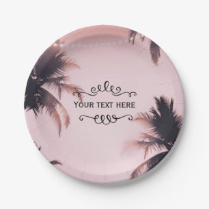 Tropical Palm Trees & Lights Pink Beachy Beach Paper Plate