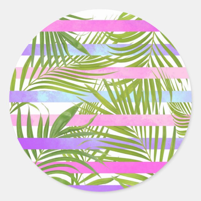 Tropical palm trees modern pink violet stripes classic round sticker (Front)