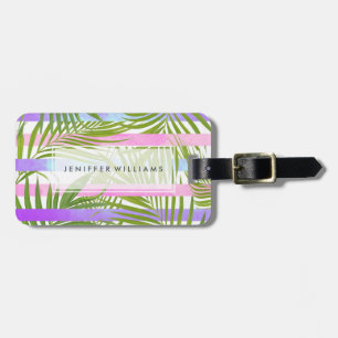 Tropical palm trees modern pink violet stripes luggage tag