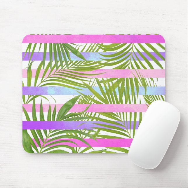 Tropical palm trees modern pink violet stripes mouse mat (With Mouse)