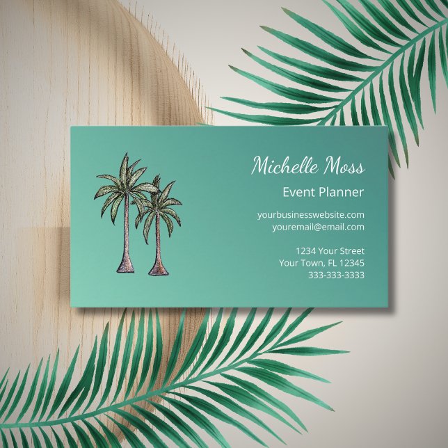 Tropical Palm Trees Modern Teal Event Planner Business Card (Creator Uploaded)