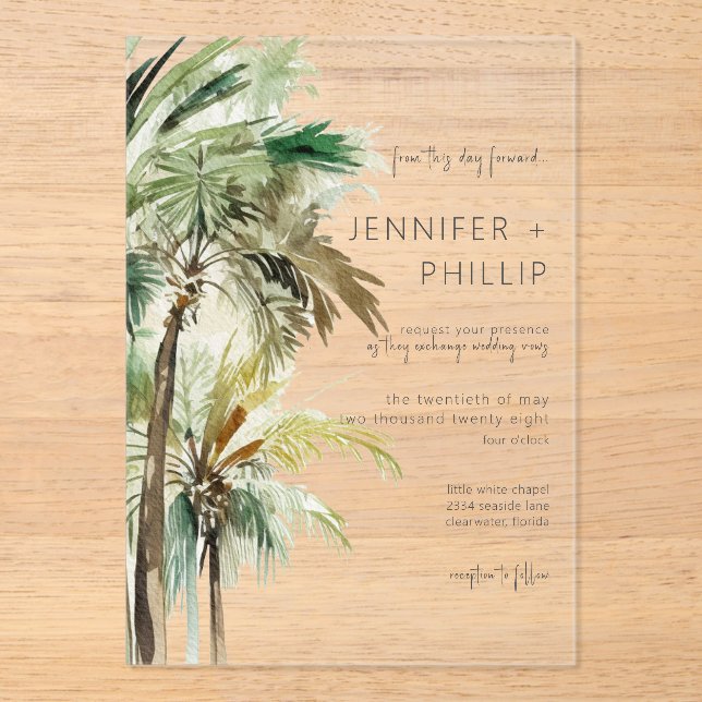Tropical Palm Trees Modern Wedding Acrylic Invitations (Front)