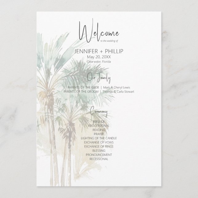 Tropical Palm Trees Modern Wedding Programme (Front)