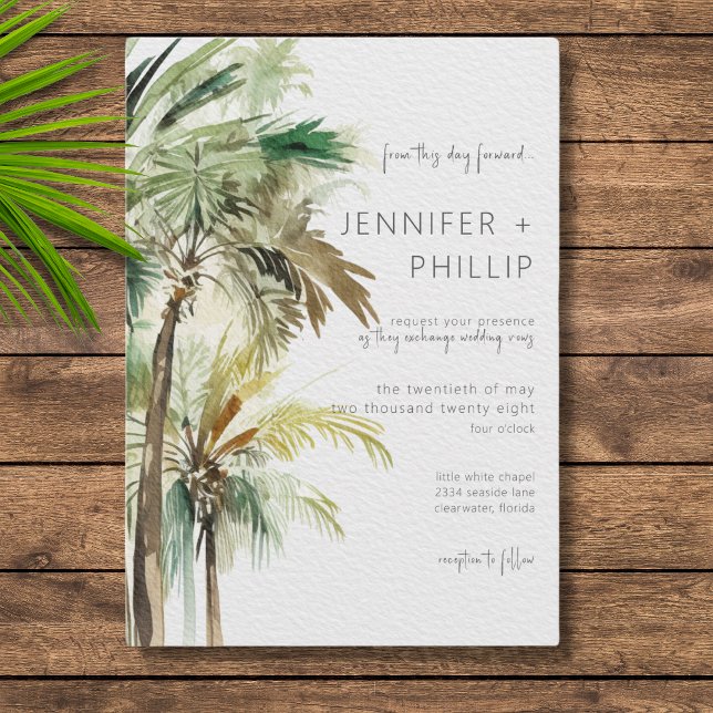 Tropical Palm Trees Modern Wedding Two Sided Invitation (Creator Uploaded)