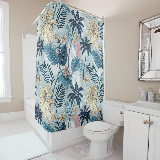 Tropical Palm Trees Monstera Beach Shower Curtain (In Situ)