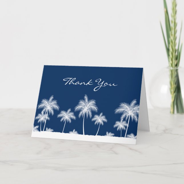 Tropical Palm Trees Navy Blue Thank You Card (Front)