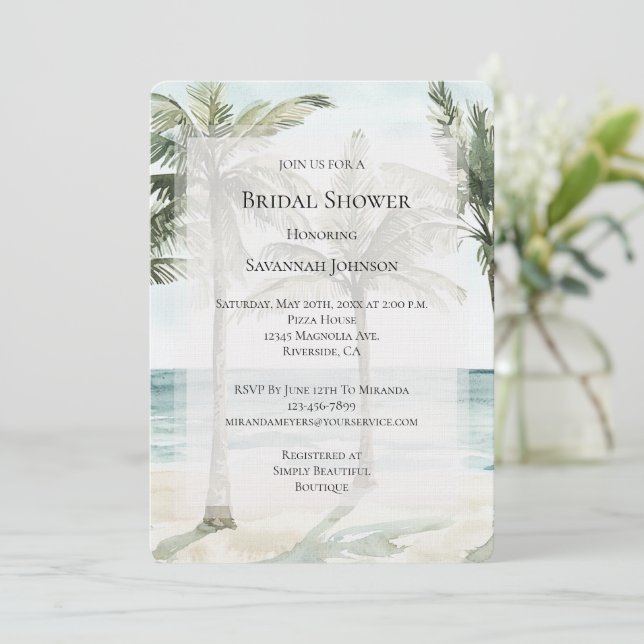 Tropical Palm Trees Ocean Beach Bridal Shower Invitation (Standing Front)