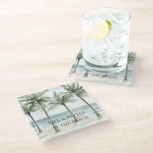 Tropical Palm Trees Ocean Beach Glass Coaster
