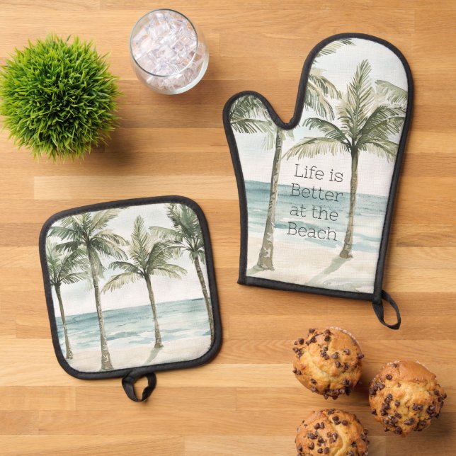 Tropical Palm Trees Ocean Beach Oven Mitt & Pot Holder Set (Top Down)