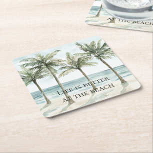 Tropical Palm Trees Ocean Beach Square Paper Coaster