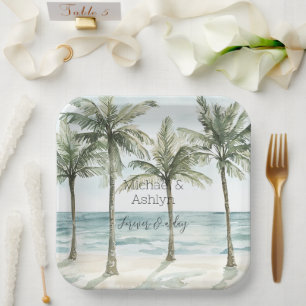 Tropical Palm Trees Ocean Beach Wedding Paper Plate