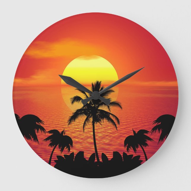Tropical Palm Trees Ocean Horizon Sunset Large Clock (Front)