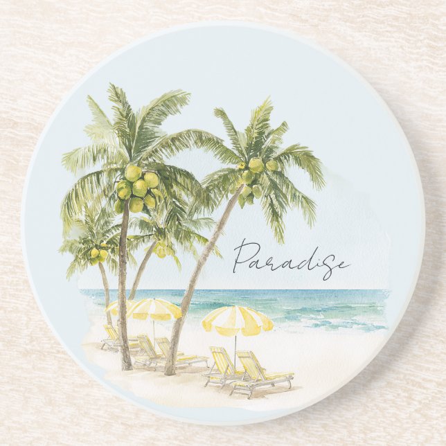 Tropical Palm Trees Ocean Yellow Umbrellas Coaster (Front)