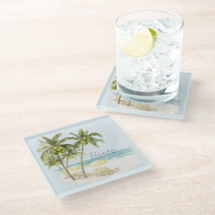 Tropical Palm Trees Ocean Yellow Umbrellas Glass Coaster