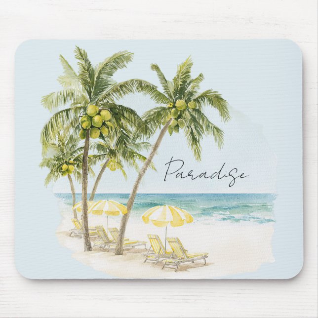 Tropical Palm Trees Ocean Yellow Umbrellas Mouse Mat (Front)