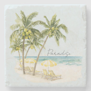 Tropical Palm Trees Ocean Yellow Umbrellas Stone Coaster