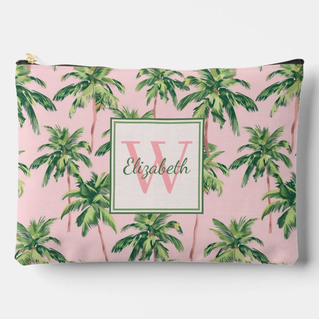 Tropical Palm Trees on Pink Monogram Accessory Pouch (Front)
