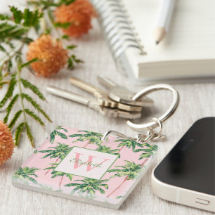 Tropical Palm Trees on Pink Monogram Key Ring
