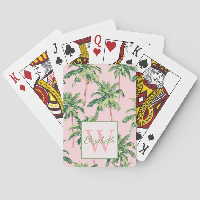 Tropical Palm Trees on Pink Monogram Playing Cards (Back)