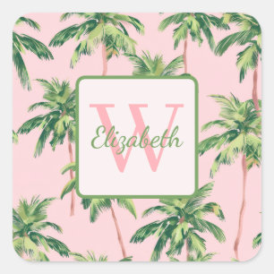 Tropical Palm Trees on Pink Personalised Square Sticker