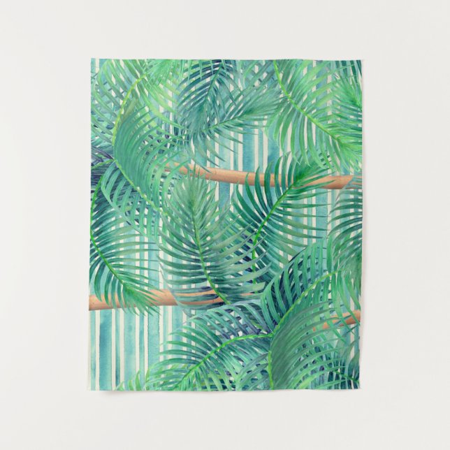 Tropical palm trees on teal stripes tapestry (Front)