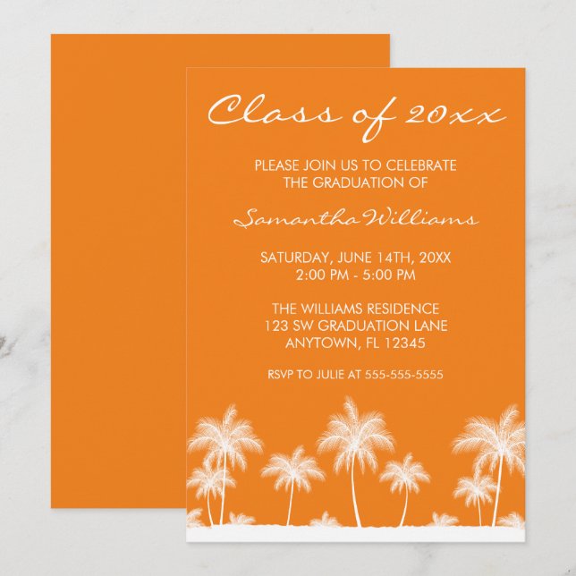 Tropical Palm Trees Orange Graduation Announcement (Front/Back)