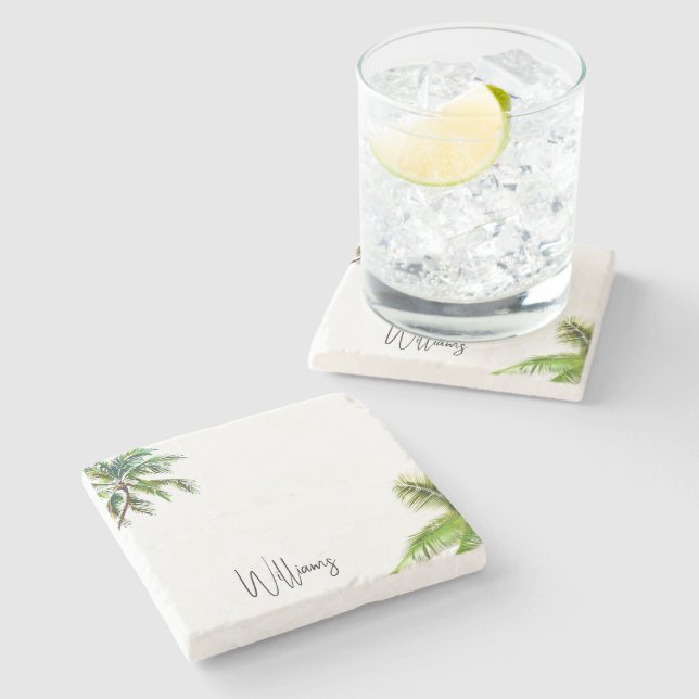 Tropical Palm Trees Personalised Name Stone Coaster (Side)